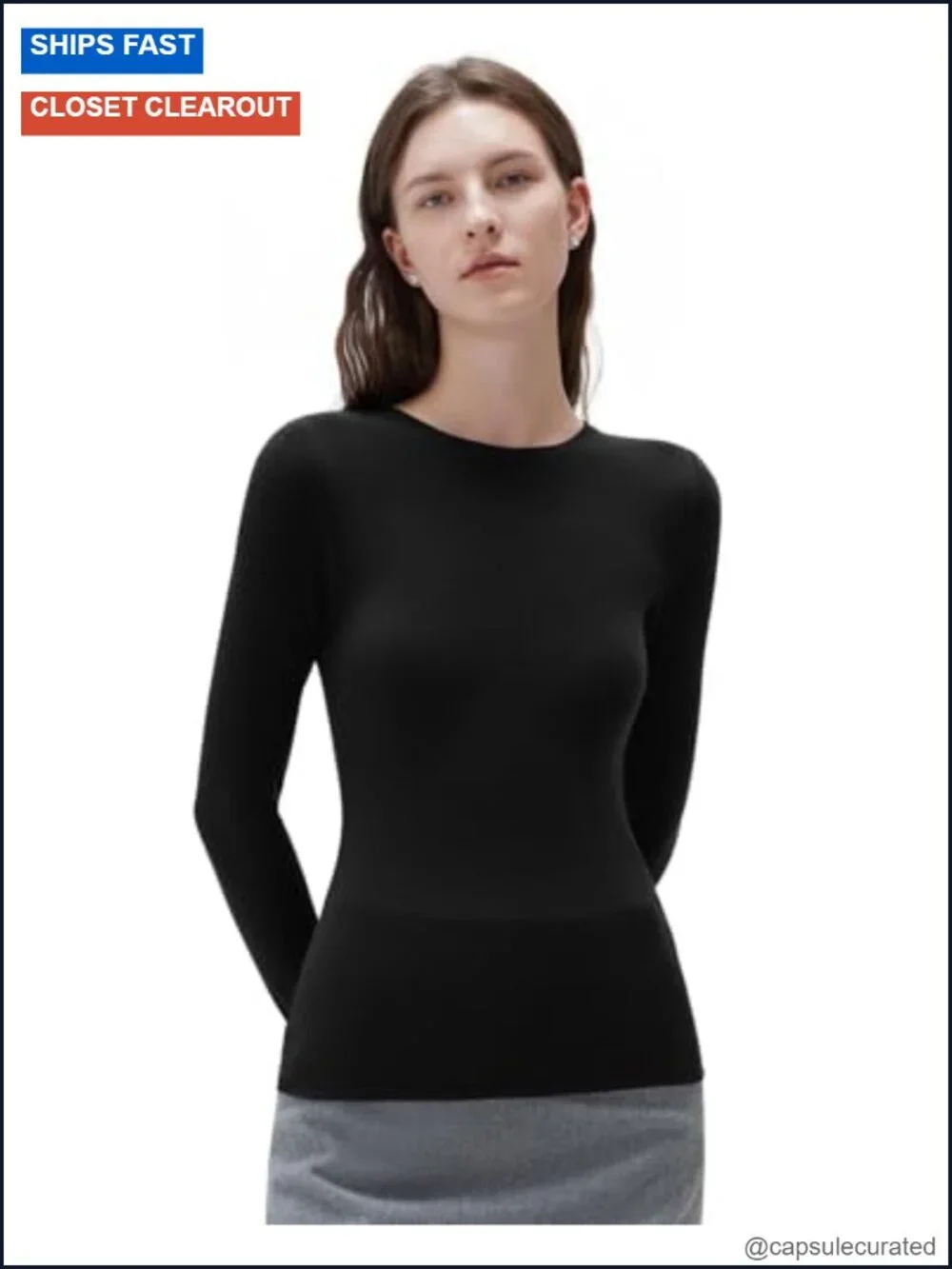 Semi Sheer Cashmere Modal Crew Neck Long Sleeve Fitted Tee